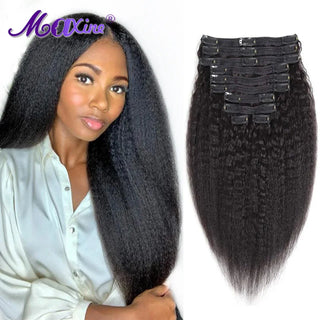 Kinky Straight Clip in Human Hair Extensions 8Pcs/Pack Full Head for Black Women Brazilian Human Hair Delivery 3 Days France