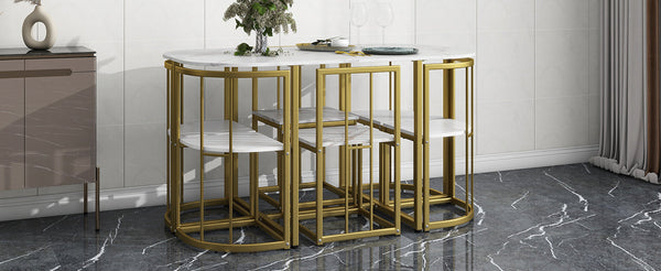 Modern 7-Piece Dining Table Set With Faux Marble Compact 55Inch Kitchen Table Set for 6, Golden+White