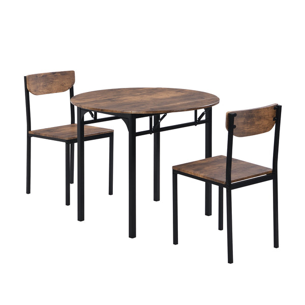 Modern 3-Piece Round Dining Table Set With Drop Leaf and 2 Chairs for Small Places,Black Frame+Rustic Brown Finish