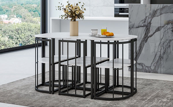 Modern 7-Piece Dining Table Set With Faux Marble Compact 55Inch Kitchen Table Set for 6, Black+White