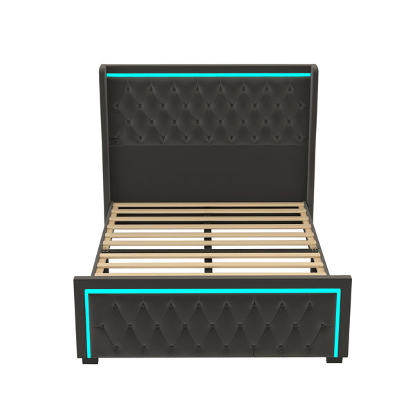 Queen Platform Bed Frame With High Headboard, Velvet Upholstered Bed With Deep Tufted Buttons, Adjustable Colorful LED L