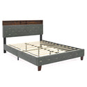 Queen Size Bed Frame, Shelf Upholstered Headboard, Platform Bed With Outlet & USB Ports, Wood Legs, No Box Spring Needed