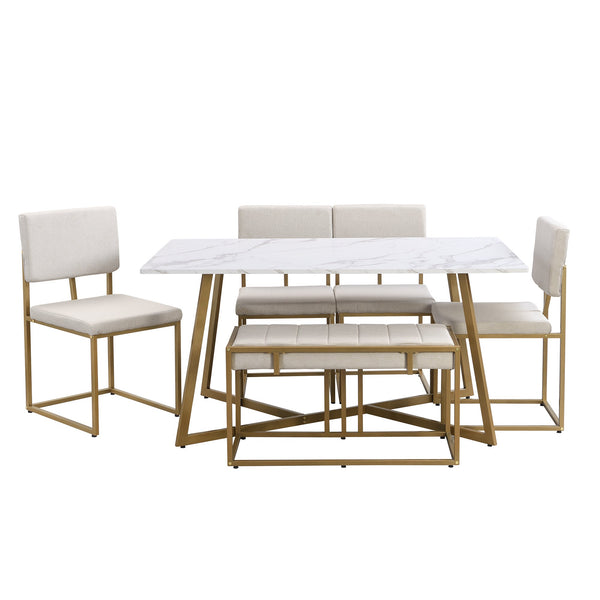 Modern Faux Marble 6-Piece Dining Table Set,60inch Metal Kitchen Table Set With Upholstered Dining Chairs and Bench, Gol