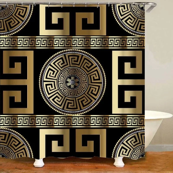 3D Luxury Black Gold Greek Key Meander Baroque Bathroom Curtains Shower Curtain Set for Bathroom Modern Geometric Bath Rug Decor