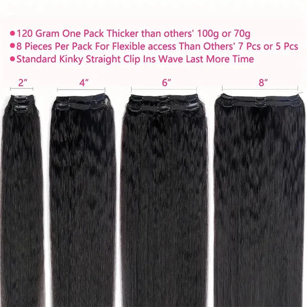 Kinky Straight Clip in Hair Extensions 100% Real Human Hair Natural Black 8 Pcs/120g Full Head Brazilian Remy Clip Ins Seamless