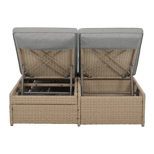 Outdoor Double Sunbed, Wicker Rattan Patio Reclining Chairs With Adjustable Backrest and Seat, Conversational Set for 2