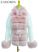 ZADORIN Fall Winter Women Faux Fur Coat Luxury Knitted Sweater Fur Cardigan Detachable Collar White Pink Jacket Faux Fur Coats