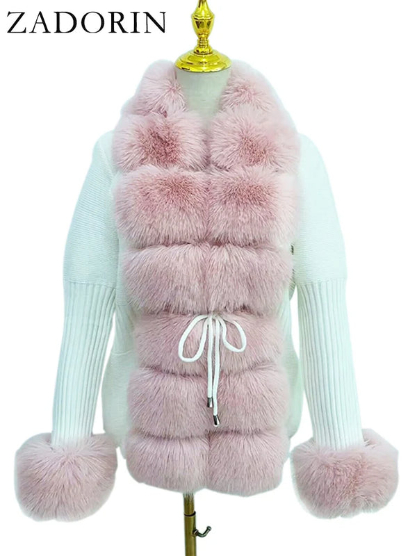 ZADORIN Fall Winter Women Faux Fur Coat Luxury Knitted Sweater Fur Cardigan Detachable Collar White Pink Jacket Faux Fur Coats