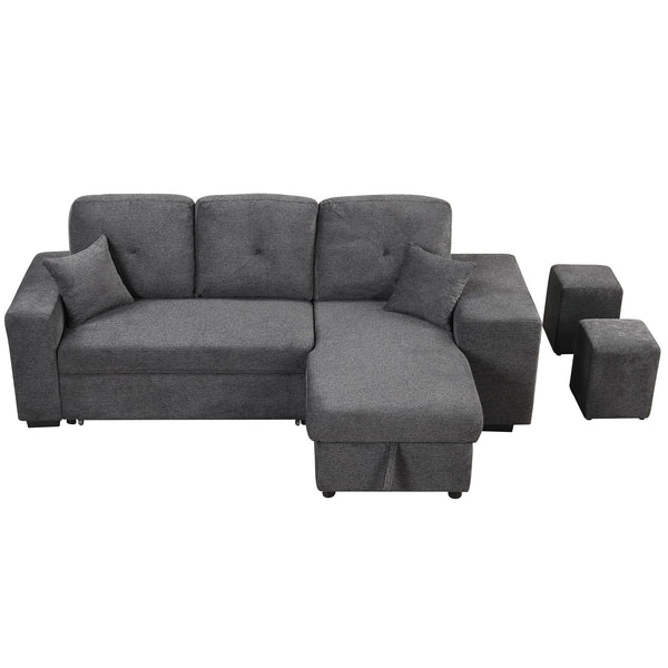 Reversible Sleeper Sectional Sofa Bed With Side Shelf and 2 Stools,Pull-Out L-Shaped Sofa Bed,Corner Sofa-Bed With Stora