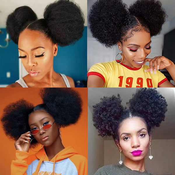 6inch Short Afro Puff Drawstring Ponytail Human Hair Curly Clip in Extensions Hair Bun Chignon Hairpiece Can Buy 2Pcs