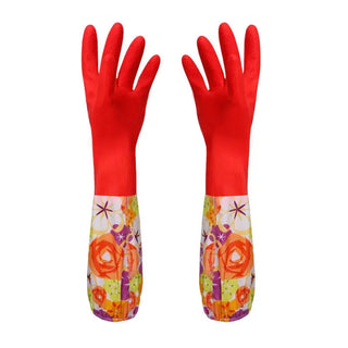 Buy red Flower Rubber Velvet Long Gloves Household  Antiskid Washing Cleaning   Dish