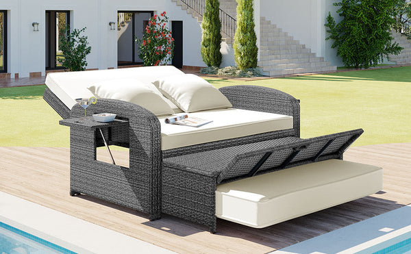 PE Wicker Rattan Double Chaise Lounge, 2-Person Reclining Daybed With Adjustable Back and Cushions, Free Furniture Prote