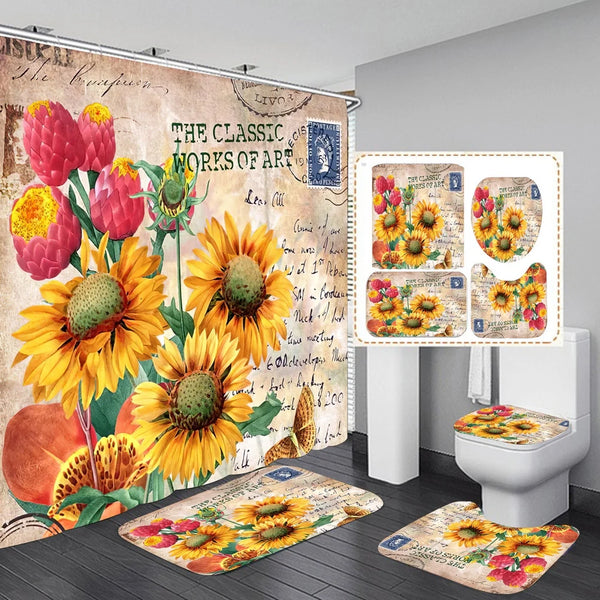 4 Pcs Shower Curtain Sets With 12 Hooks Flowers Floral With Non-Slip Rugs Toilet Lid Cover and Bath Mat Bathroom Decor Set