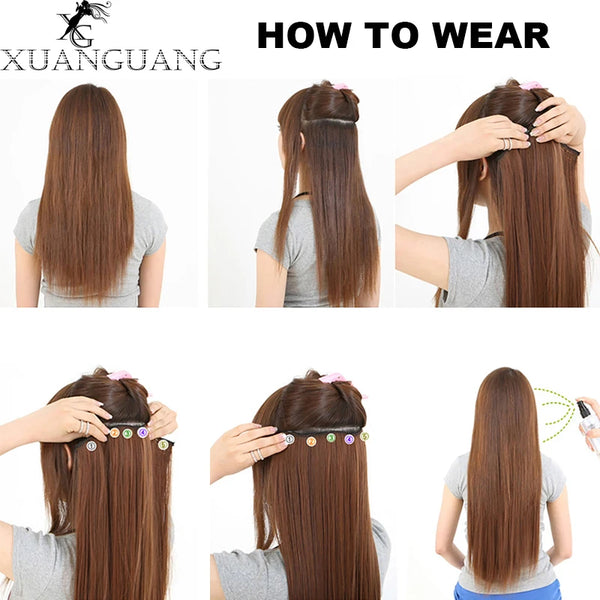 XUANGUANG Long Synthetic Hair 5 Clips in Hair Extension Heat Resistant Hairpiece Natural Wavy Hair Piece