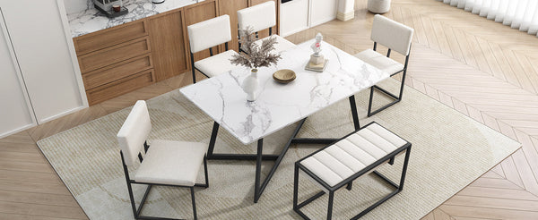 Modern Faux Marble 6-Piece Dining Table Set,60inch Metal Kitchen Table Set With Upholstered Dining Chairs and Bench, Bla