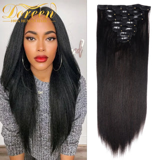 Doreen European Hair Yaki Clip in Full Head 120 240g Light Yaki 100% Real Human Hair Clip in Hair Extensions Clips Sewed on Weft