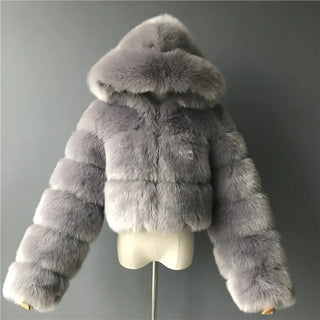 Buy pink Furry Cropped Faux Fur Coats  Jackets Women Fluffy Top Coat Hooded Winter Fur Jacket YINGJIAMEI