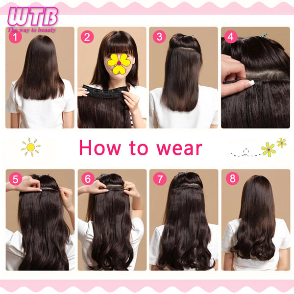 WTB Synthetic 60cm Long Wavy 5 Clip in One Pieces Hair Extensions High Tempreture Fiber Black Brown for Women Hairpieces