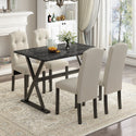 Solid Wood 5-Piece Dining Table Set With Faux Marble Tabletop and Upholstered Dining Chairs for 4, Faux Marble Black+Bei