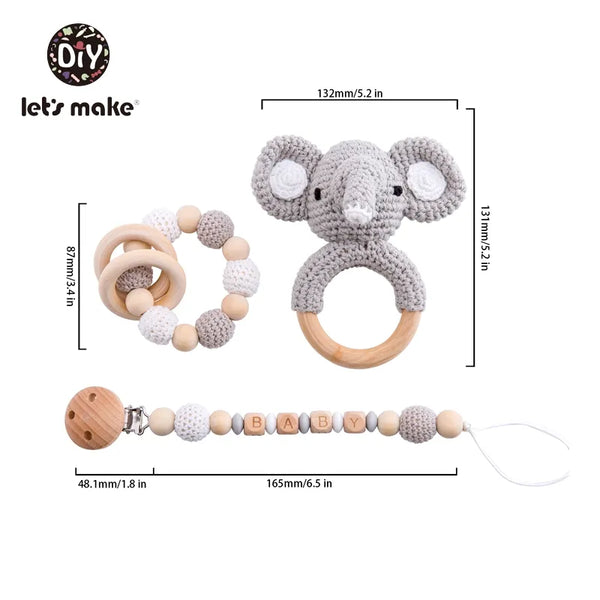 Let's Make Baby Rattles Set Crochet Animal Elk Amigurumi Elephant Baby Teether Wooden Pacifier ChainBPA Free Nursing Rattle Toys