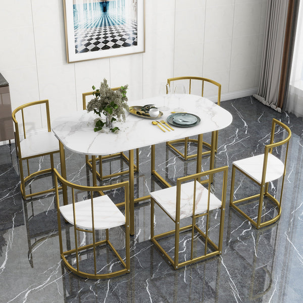 Modern 7-Piece Dining Table Set With Faux Marble Compact 55Inch Kitchen Table Set for 6, Golden+White