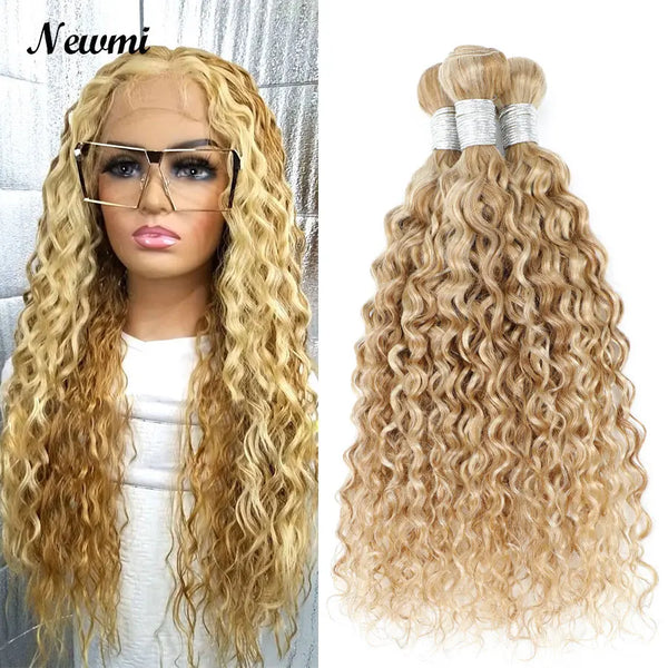 Highlight Water Wave Bundles P27/613  Human Hair Bundles 8 -30 Inch Wet and Wavy Ombre Honey Blonde Deep Curly Hair  1 3 4 Pcs