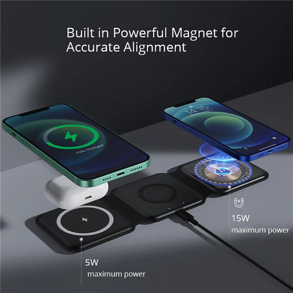 3 in 1 Foldable Magnetic Wireless Chargers for iPhone 14 13 12Pro Max Portable Fast 15W Wireless Charger for Apple Watch/AirPods