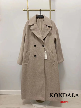 Buy high-quaity-beige KONDALA Women Autumn Winter Thick Long Coats Vintage v Neck Long Sleeve Pockets Jackets Fashion 2023 Elegant Female Coats