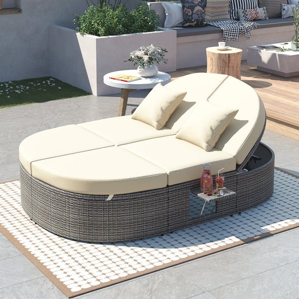 Outdoor Sun Bed Patio 2-Person Daybed With Cushions and Pillows, Rattan Garden Reclining Chaise Lounge With Adjustable B