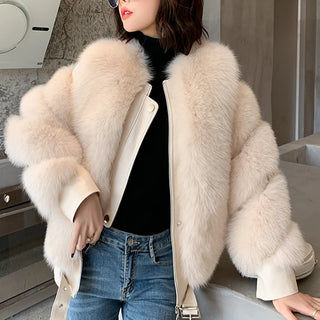 Buy beige BFFUR Winter Fashion Real Fox Fur Coats for Women Locomotive Style Genuine Sheep Leather Jacket Natural Fox Fur Coat Female 2022