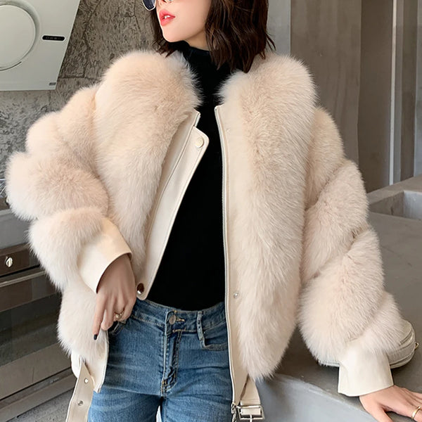 BFFUR Winter Fashion Real Fox Fur Coats for Women Locomotive Style Genuine Sheep Leather Jacket Natural Fox Fur Coat Female 2022