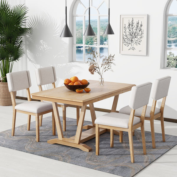 Rustic 5-Piece Dining Table Set With 4 Upholstered Chairs, 59-Inch Rectangular Dining Table With Trestle Table Base, Nau