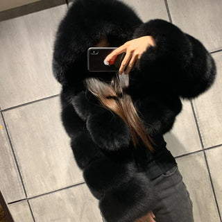 Furry Cropped Faux Fur Coats  Jackets Women Fluffy Top Coat Hooded Winter Fur Jacket YINGJIAMEI