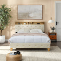 Queen Size Bed Frame, Shelf Upholstered Headboard, Platform Bed With Outlet & USB Ports, Wood Legs, No Box Spring Needed