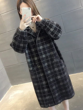 Buy b-black Bella Philosophy Winter Plaid Women Faux Mink Cashmere Woolen Coat Ladies Casual Turn-Down Collar Coats Female Warm Outwear