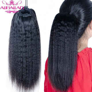 Kinky Straight Drawstring Ponytail Human Hair Brazilian Clip in Extensions Natural Color Remy Hair 4 Combs 150g Aliballad