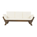 Outdoor Adjustable Patio Wooden Daybed Sofa Chaise Lounge With Cushions for Small Places, Brown Finish+Beige Cushion