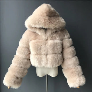 Buy leopard-color Furry Cropped Faux Fur Coats  Jackets Women Fluffy Top Coat Hooded Winter Fur Jacket YINGJIAMEI