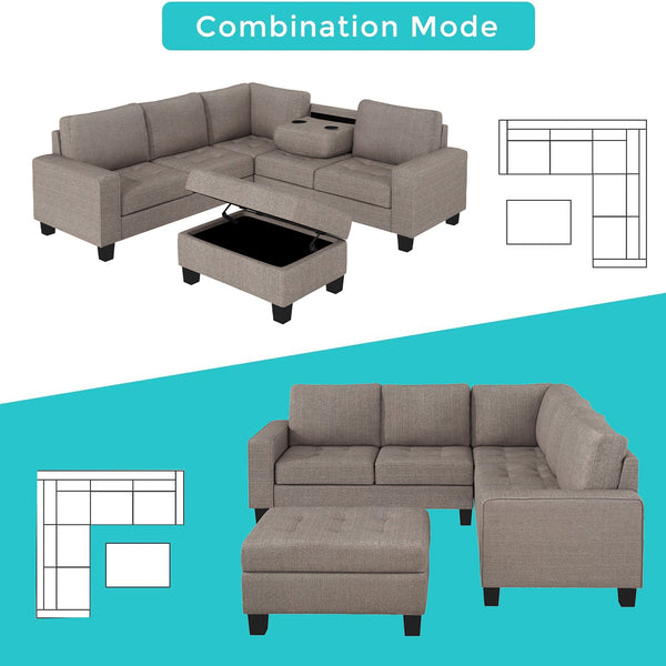 Sectional Corner Sofa L-Shape Couch Space Saving With Storage Ottoman & Cup Holders Design for Large Space Dorm Apartmen