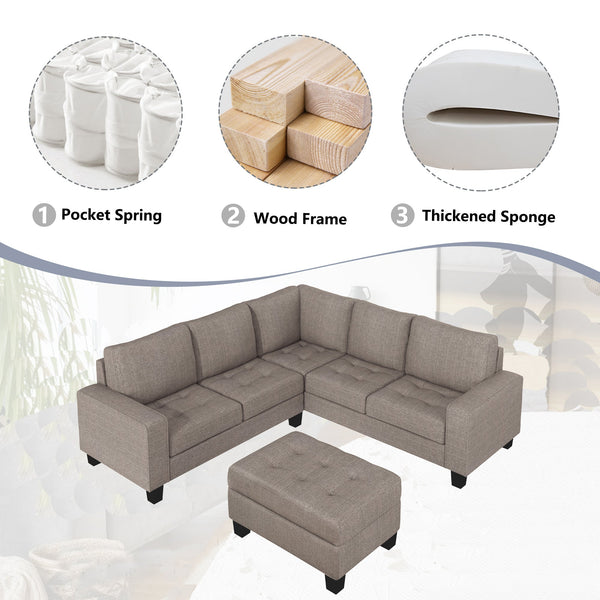 Sectional Corner Sofa L-Shape Couch Space Saving With Storage Ottoman & Cup Holders Design for Large Space Dorm Apartmen