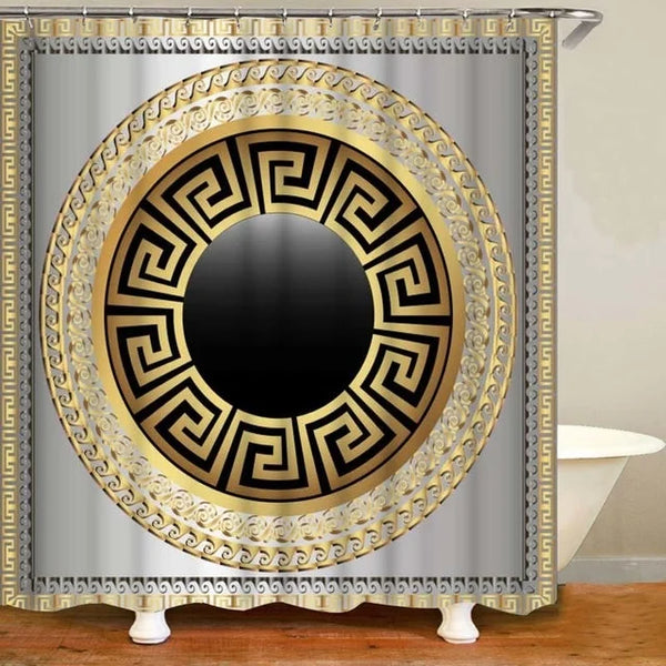 3D Luxury Black Gold Greek Key Meander Baroque Bathroom Curtains Shower Curtain Set for Bathroom Modern Geometric Bath Rug Decor