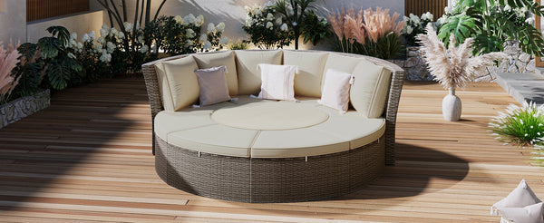 Patio 5-Piece Round Rattan Sectional Sofa Set All-Weather PE Wicker Sunbed Daybed With Round Liftable Table and Washable