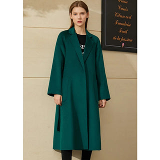 Buy green Amii Minimalism Fashion Winter Coat Women Causal Water Ripple Double-Sided Woolen Coat  Solid Lapel Belt Coat Female 12030523