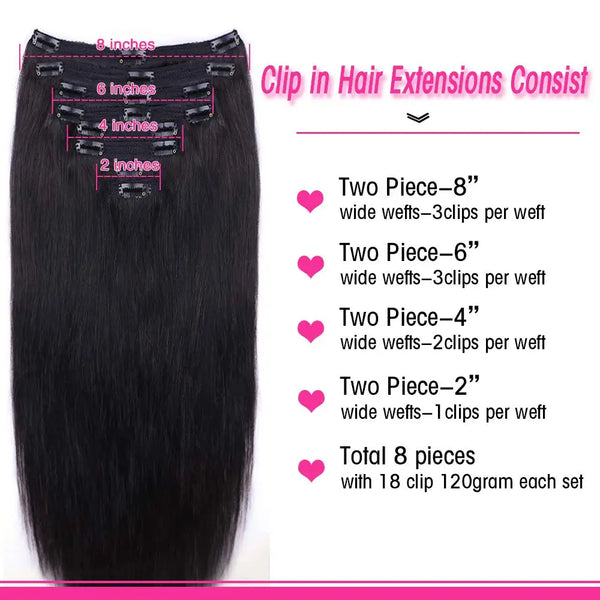 Straight Clip in Extensions Human Hair Brazilian Clip in Natural Black Color Clip Ins Remy Hair for Women Clip in Extension 120G