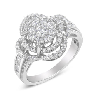 14K White Gold 1.0 Cttw Round & Baguette Cut Diamond Floral Cluster Quatrefoil Channel Set Band Cocktail Statement Ring