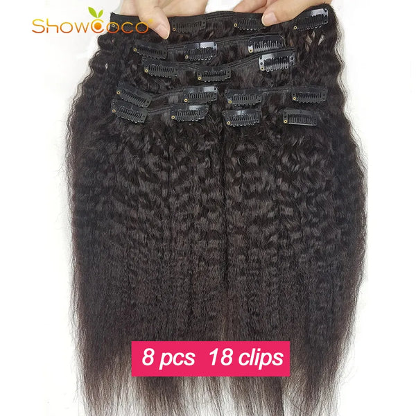 Afro Kinky Straight Clip in Hair Extensions 100% Human Hair Natural Black 8 Pieces With 18 Clips 125g/Set Fit for Full Head