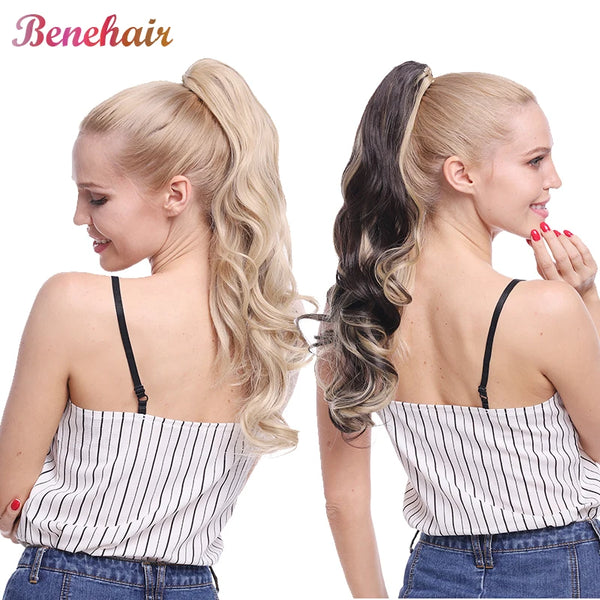 BENEHAIR Fake Ponytail Claw on Ponytail Long Wavy Clip in Hair Extension Hair Synthetic Hairpiece for Women Pony Tail Fake Hair