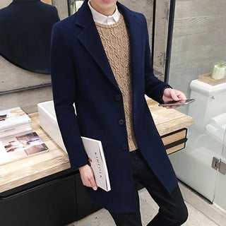 Buy navy-blue 2023 Autumn Winter New Men&#39;s Woolen Coats Male Slim Long Jacket Fashion Boutique Solid Slim Men&#39;s Trench Coat Jacket Plus Size