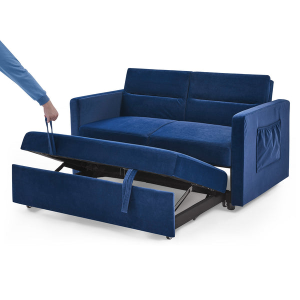 Loveseats Sofa Bed With Pull-Out Bed,Adjsutable Back and Two Arm Pocket,Blue (54.5"x33"x31.5")