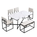 Modern Faux Marble 6-Piece Dining Table Set,60inch Metal Kitchen Table Set With Upholstered Dining Chairs and Bench, Bla